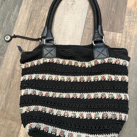 The SAK Cambria Black Multi Woven Boho Ribbon Crochet Tote Shoulder Bag - Picture 6 of 10